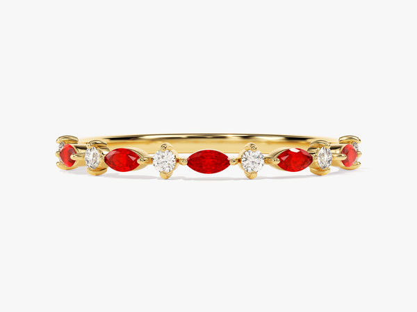 Alternating Marquise and Round Ruby Birthstone Ring in 14k Solid Gold