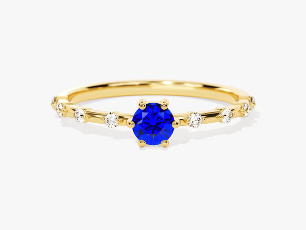 Round Cut Side Stone Accent Sapphire Ring in 14K Solid Gold