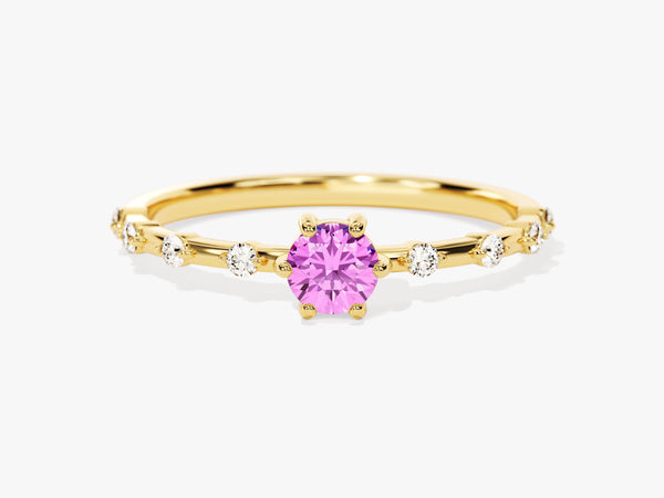 Round Cut Side Stone Accent Pink Tourmaline Ring in 14K Solid Gold