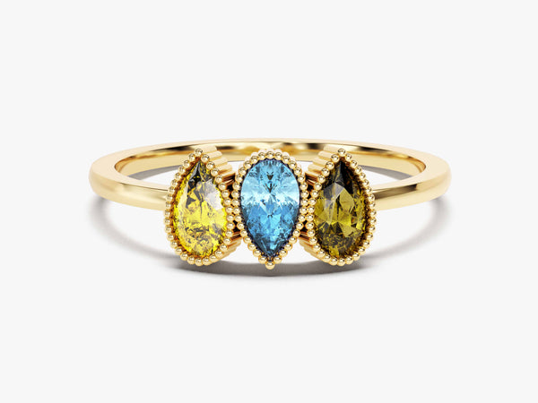 Milgrain Accent Pear-Cut Multi Stone Mother's Birthstone Ring in 14k Solid Gold