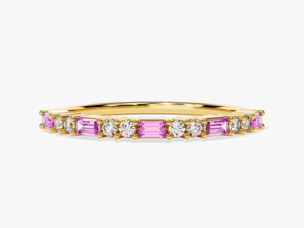 Baguette and Double Round Cut Pink Tourmaline Ring in 14K Solid Gold