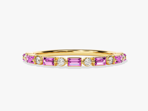 Horizontal Baguette and Round Cut Pink Tourmaline Ring in 14K Solid Gold
