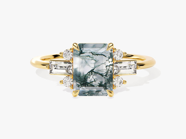 Emerald Cut Moss Agate Engagement Ring with Moissanite Sidestones