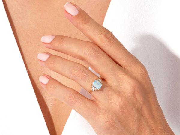 Emerald Cut Opal Engagement Ring with Baguette Moissanite Sidestones
