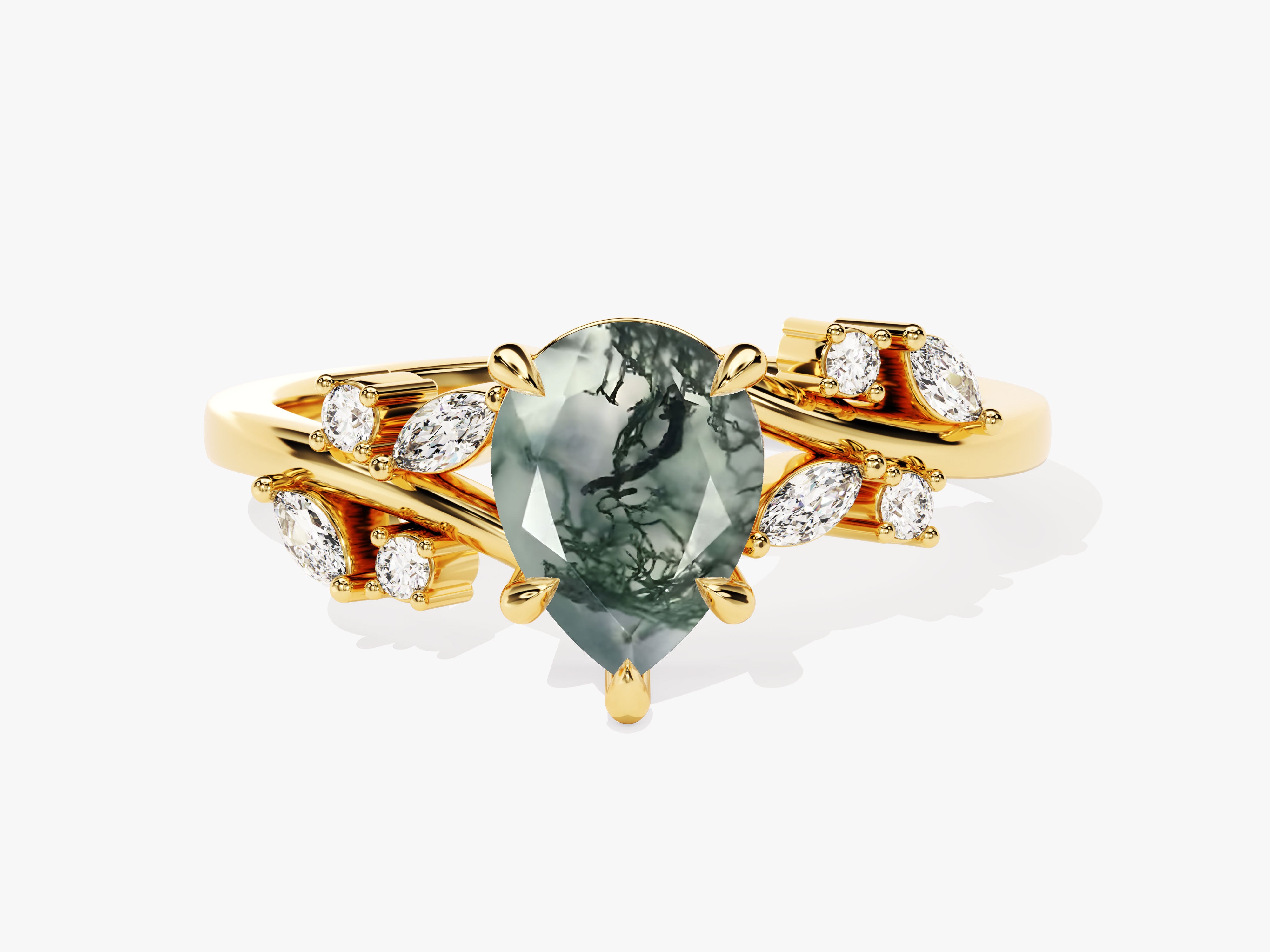 Eternate - Pear Moss Agate Engagement Ring with Moissanite Cluster, 18K Gold / Yellow