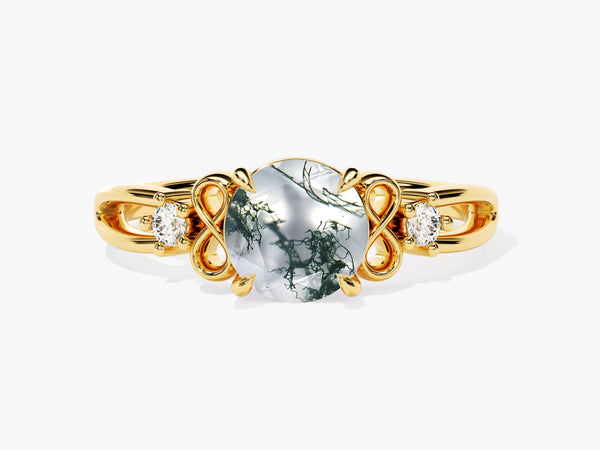 Art Deco Moss Agate Engagement Ring with Moissanite Sidestones
