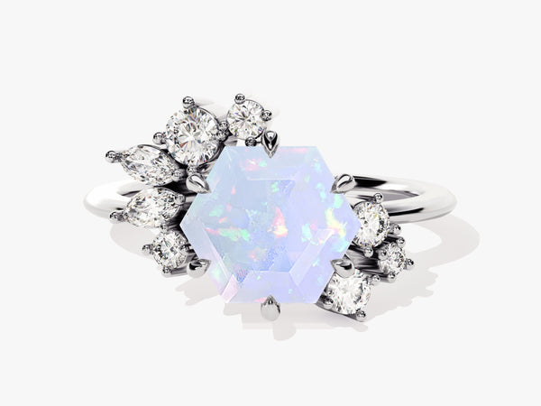Hexagon Opal Vintage Engagement Ring with Moissanite Cluster