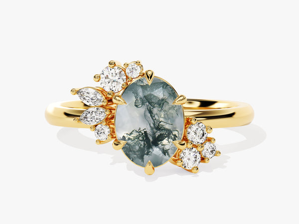 Oval Moss Agate Engagement Ring with Round Moissanite Cluster