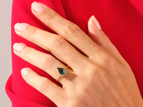 Kite Moss Agate Engagement Ring with Baguette Moissanite Sidestones