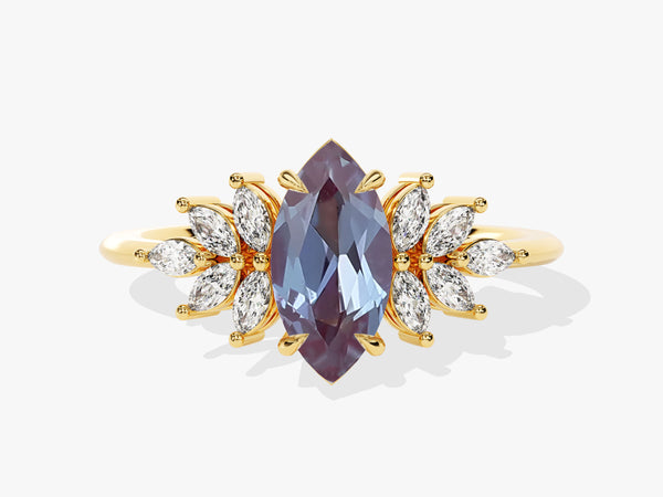 Marquise Lab Alexandrite Vintage Engagement Ring with Moissanite Sidestones