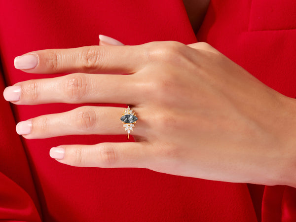 Marquise Black Rutilated Quartz Vintage Engagement Ring with Moissanite Sidestones