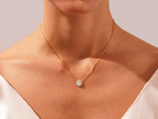 Oval Halo Diamond Necklace in 14k Solid Gold