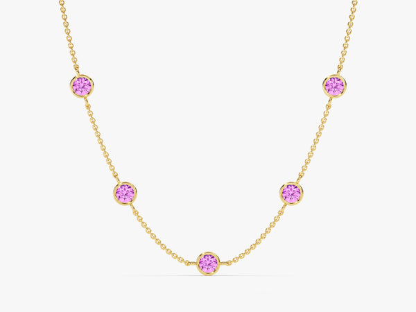 Bezel Set Pink Tourmaline Station Necklace in 14k Solid Gold