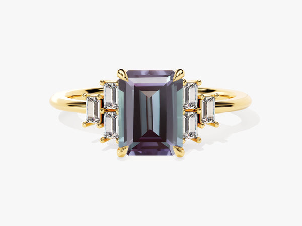 Emerald Cut Lab Alexandrite Engagement Ring with Baguette Moissanite Sidestones