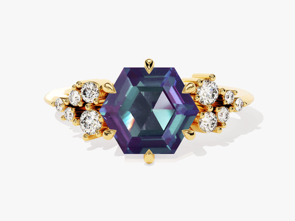 Hexagon Lab Alexandrite Engagement Ring with Moissanite Cluster