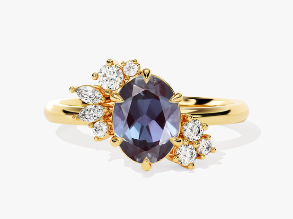Oval Lab Alexandrite Engagement Ring with Round Moissanite Cluster