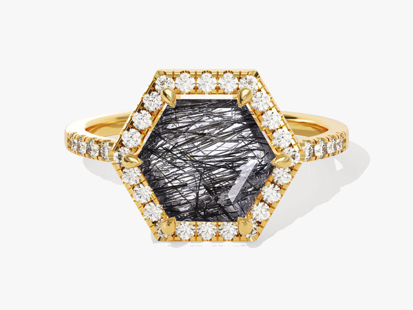 Halo Hexagon Black Rutilated Quartz Engagement Ring with Pave Set Moissanite Sidestones