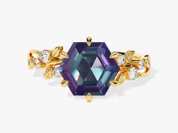 Hexagon Lab Alexandrite Nature-Inspired Engagement Ring with Moissanite Sidestones