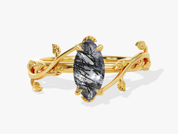 Marquise Black Rutilated Quartz Nature Inspired Engagement Ring