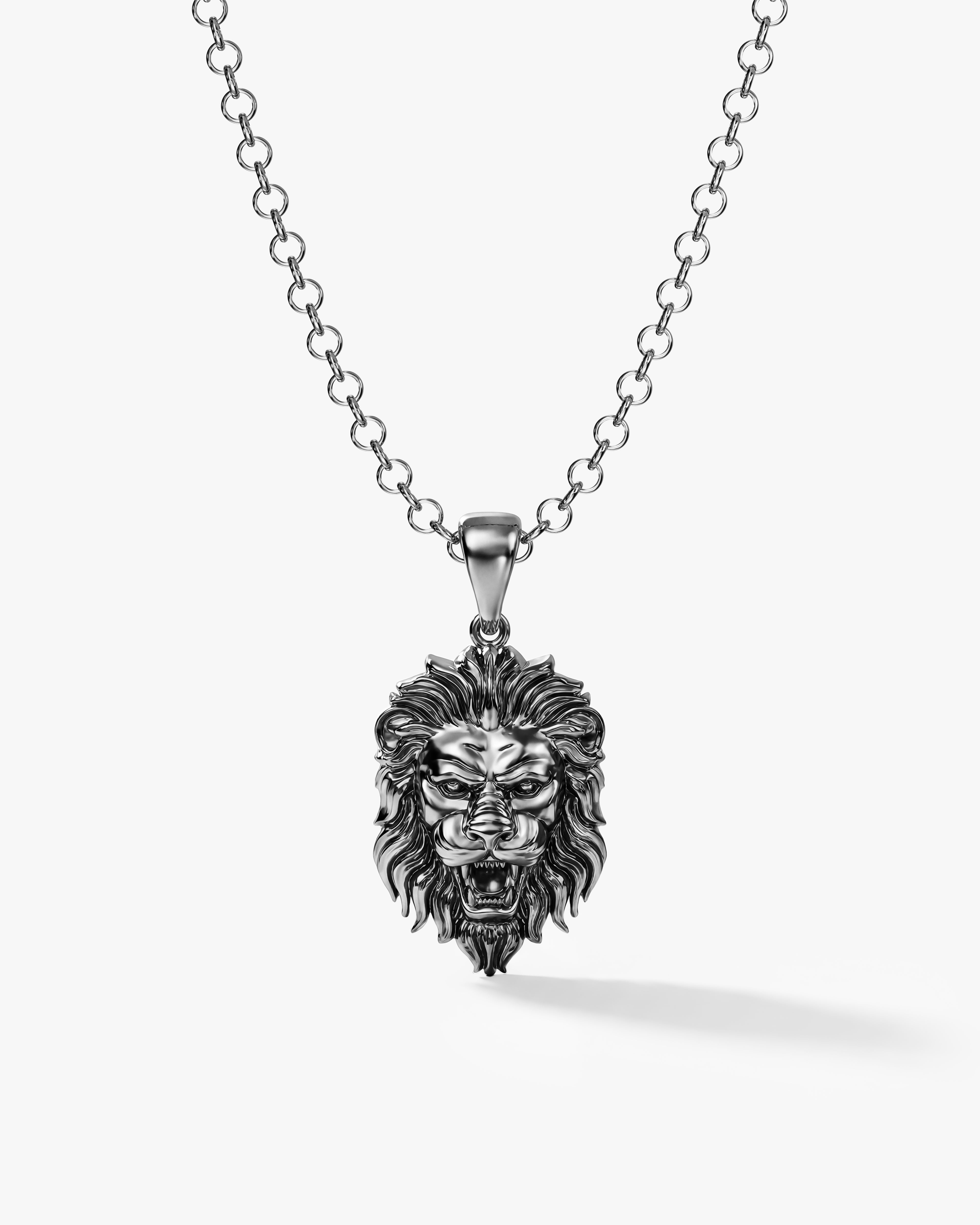 Oxidized Lion Head Pendant Necklace - Sterling Silver