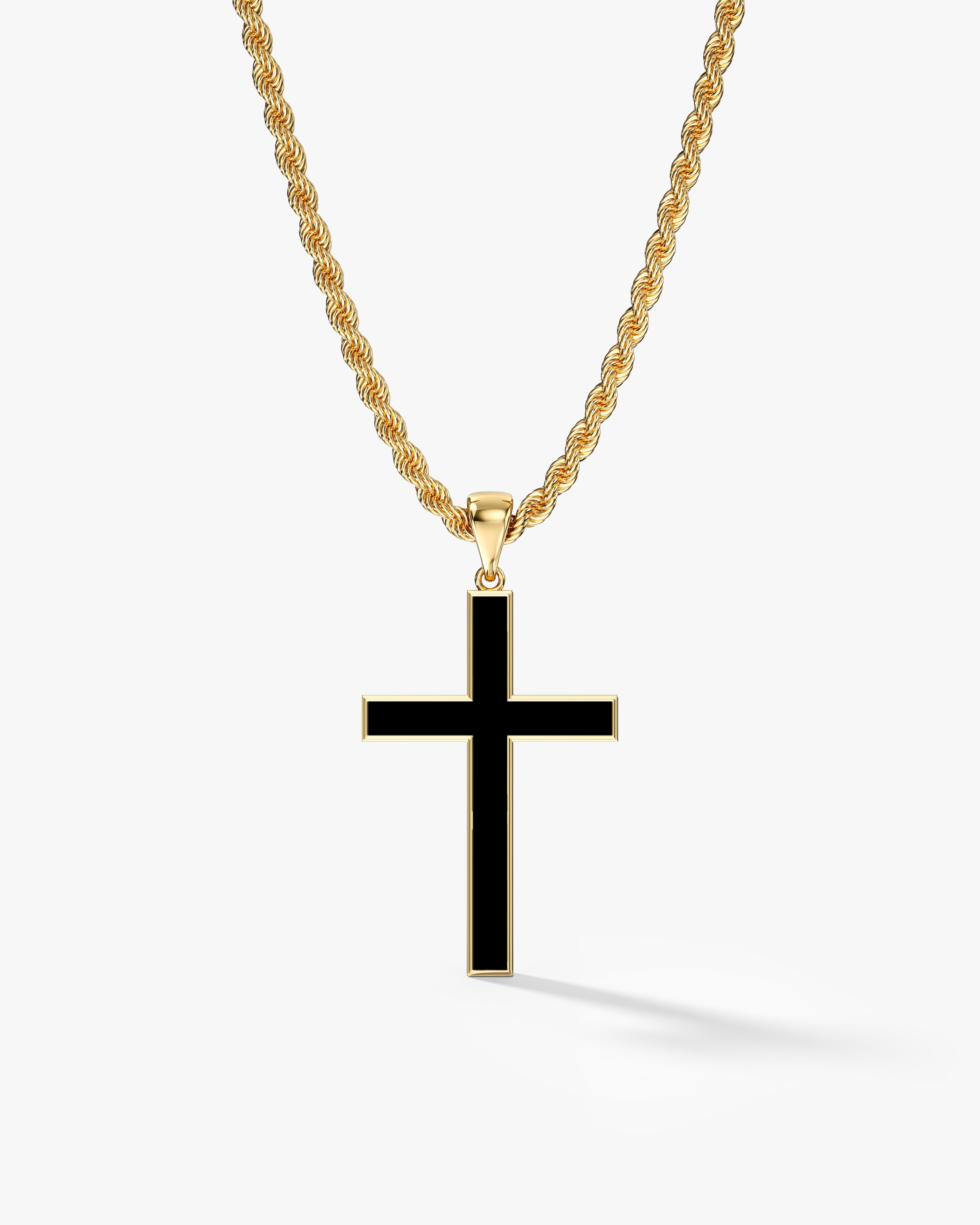 14k Gold 2.5mm Rope Chain Black Cross Necklace