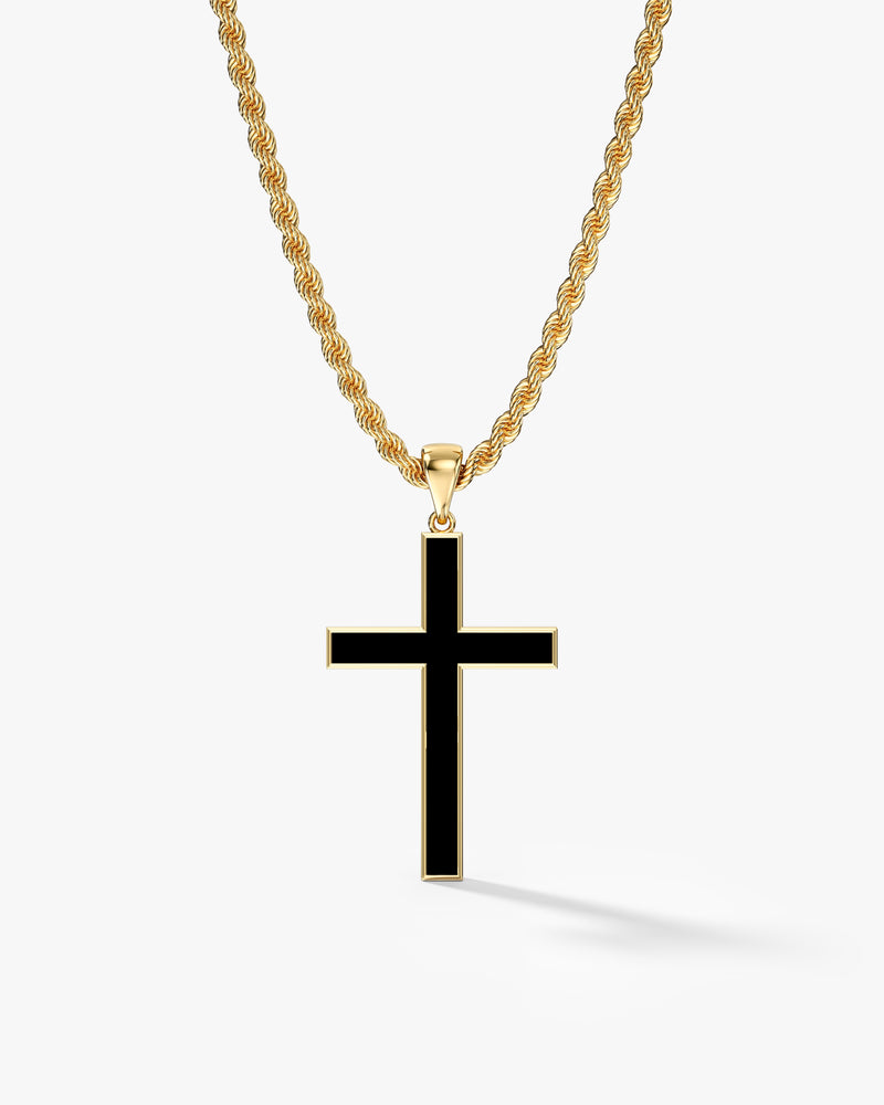 14k Gold 2.5mm Rope Chain Black Cross Necklace