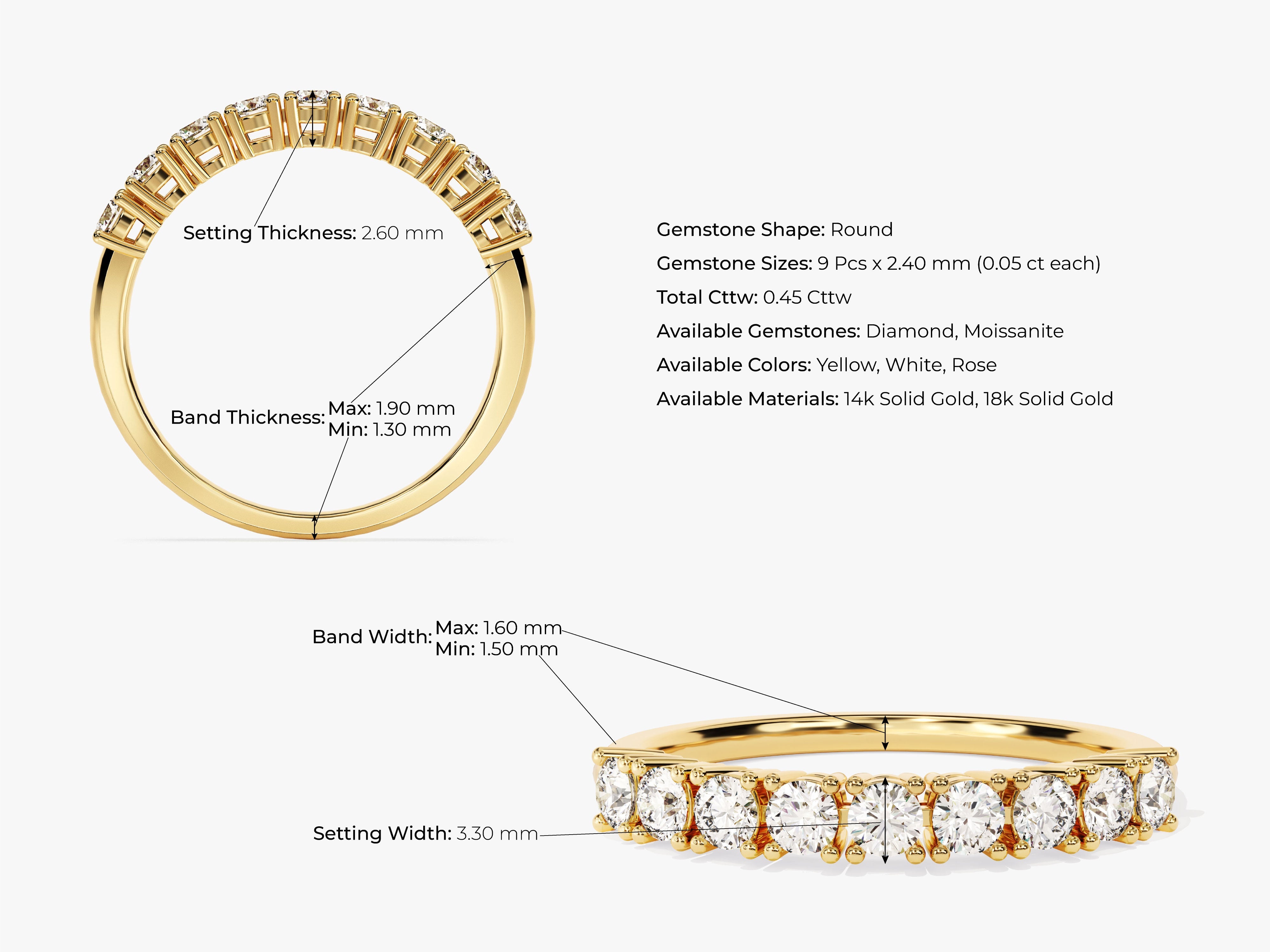 Diamond eternity band, 14k gold, round gemstones, jewelry details
