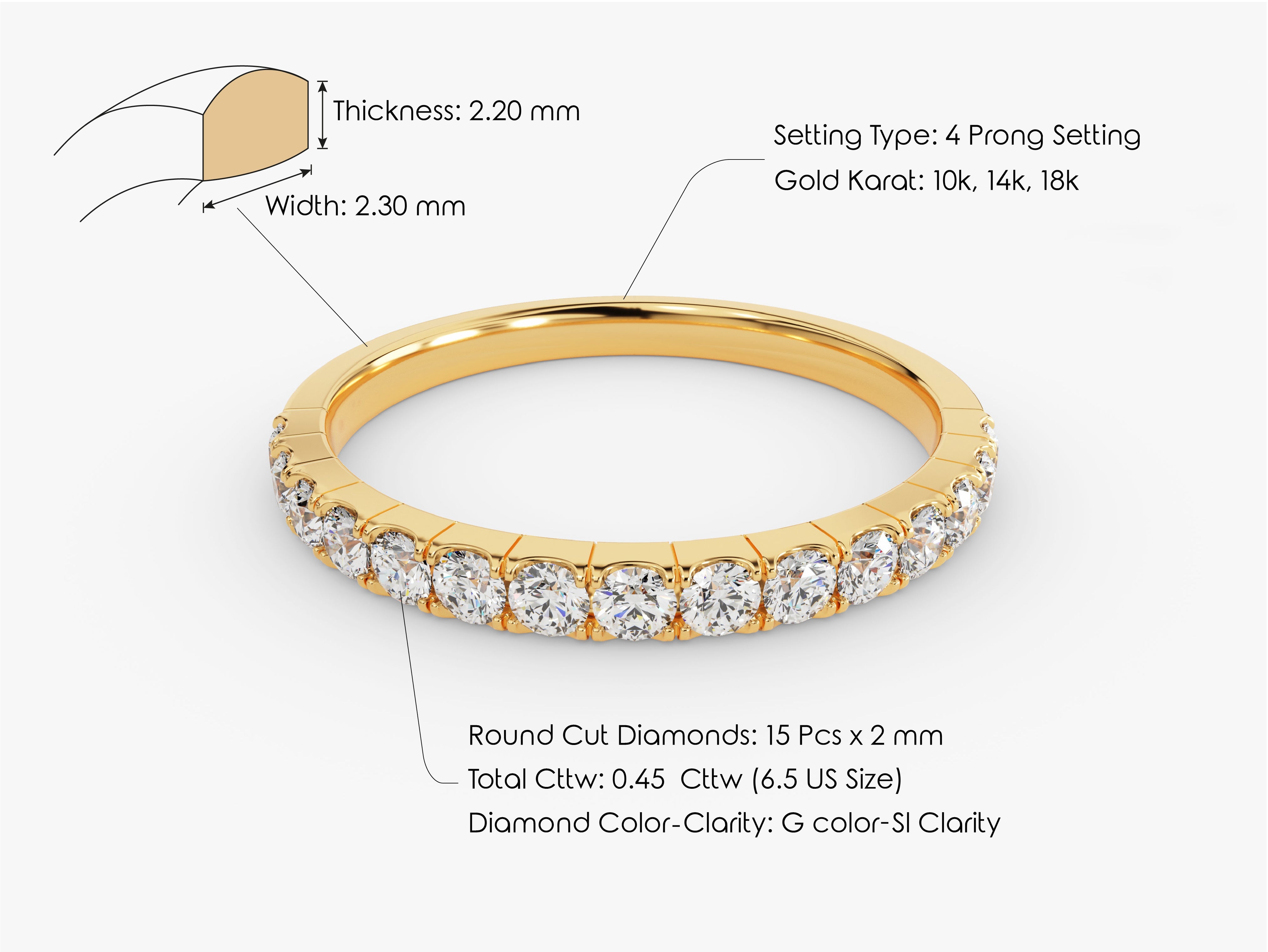 Diamond eternity band, 4 prong setting, 10k-18k gold, G-SI clarity