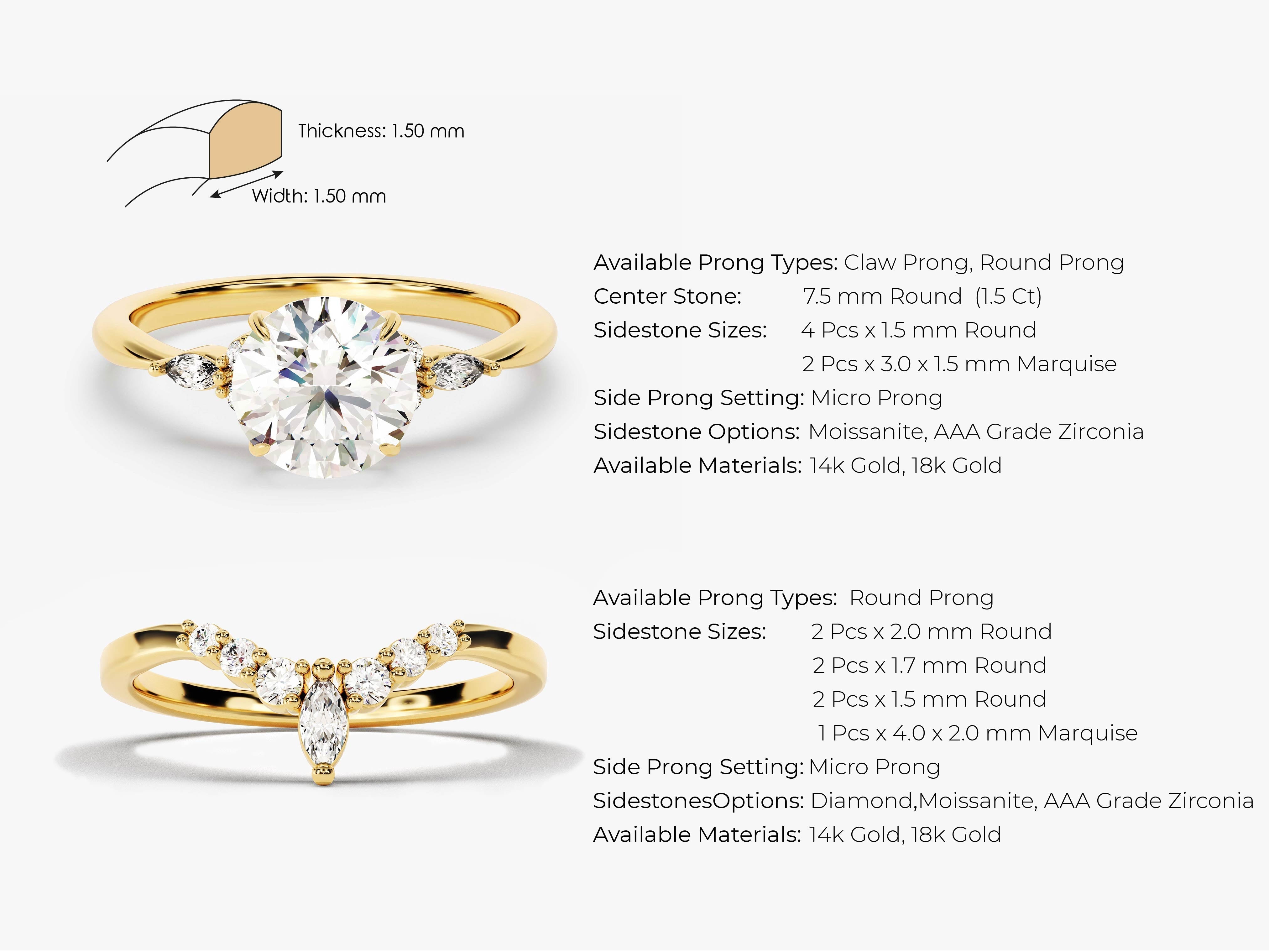Gold diamond engagement rings with side stones and prong settings
