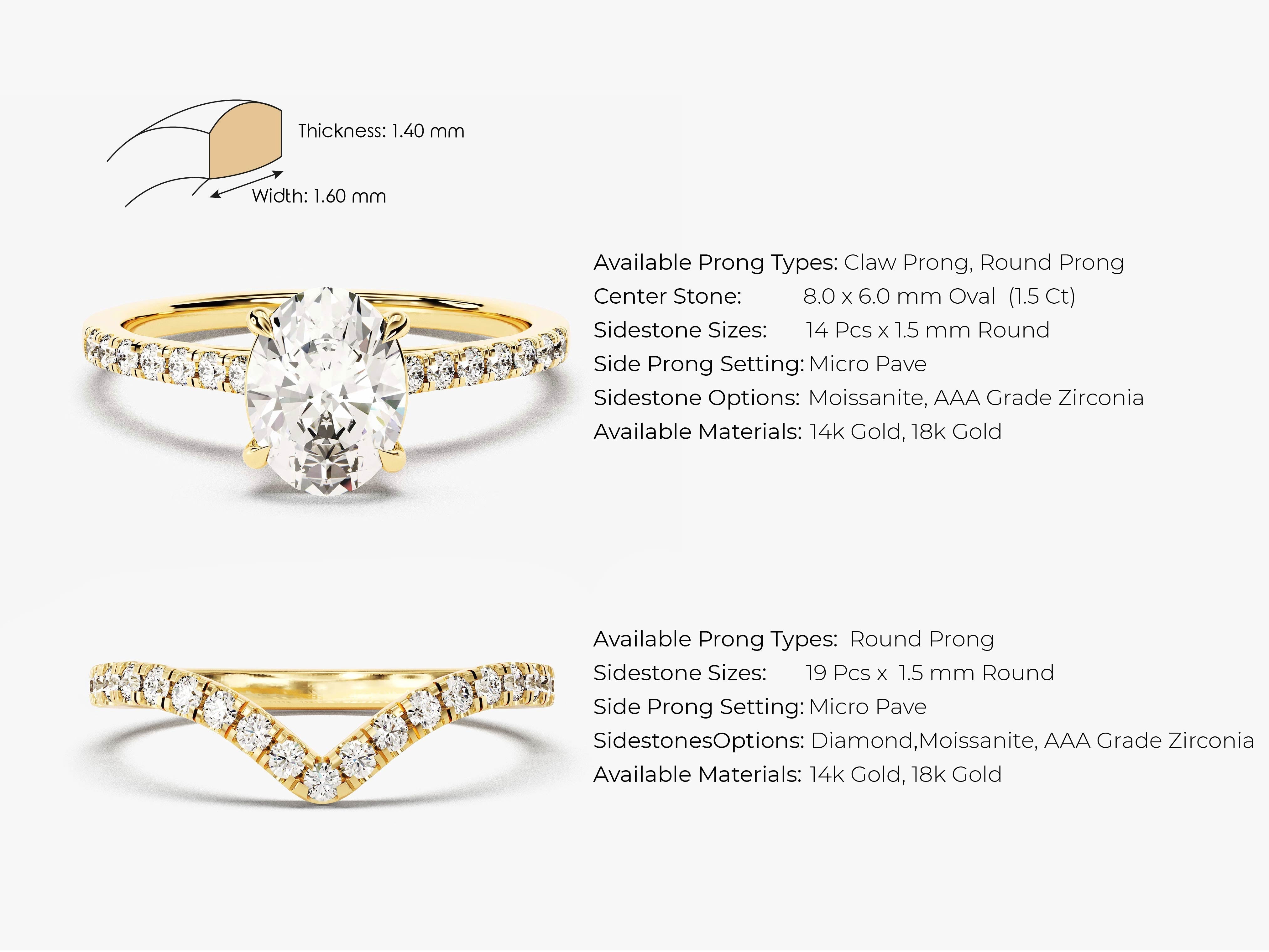 Gold rings with oval and V-shaped diamond bands