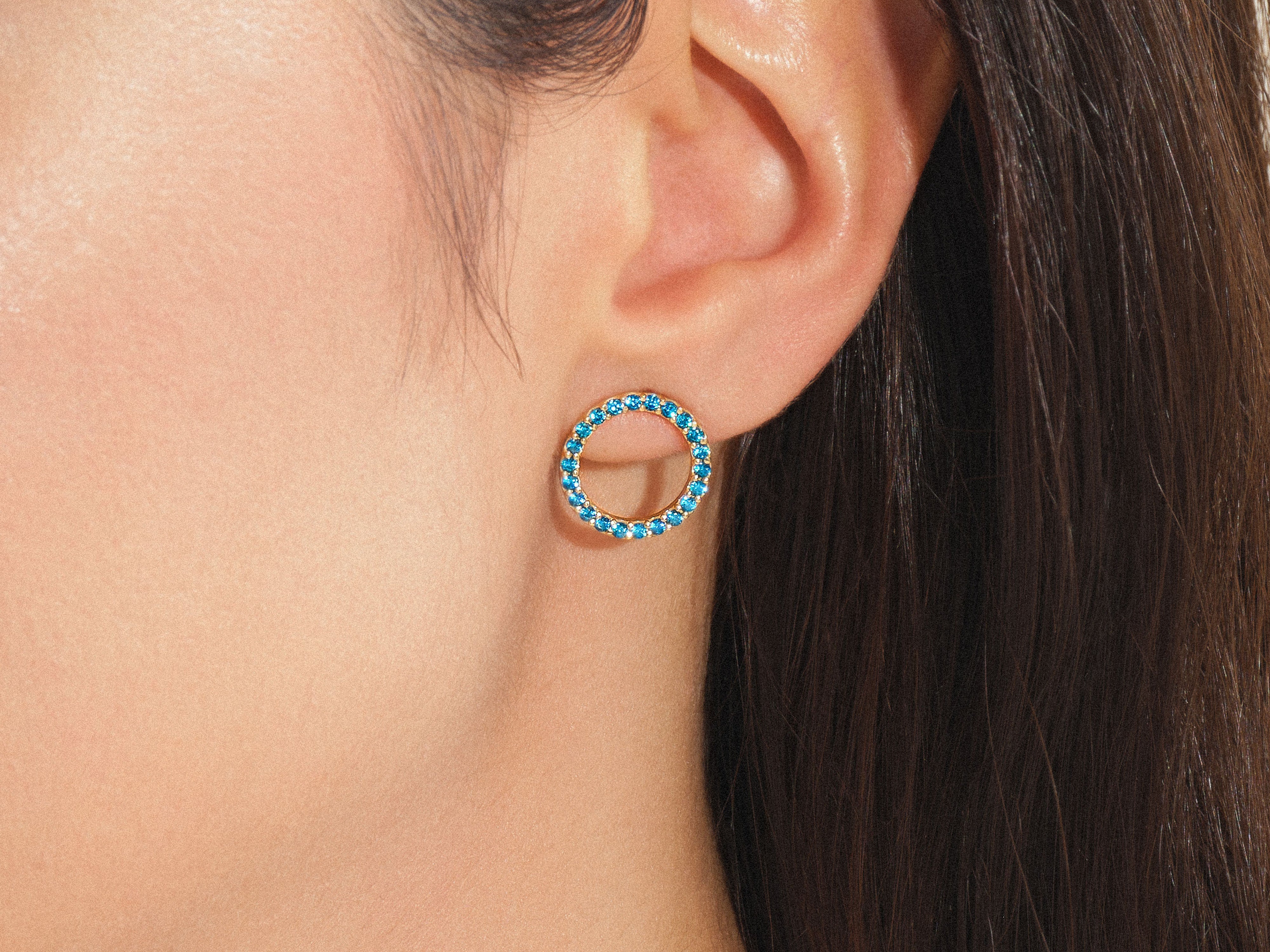 Gold circle earring with blue gems, jewelry for women