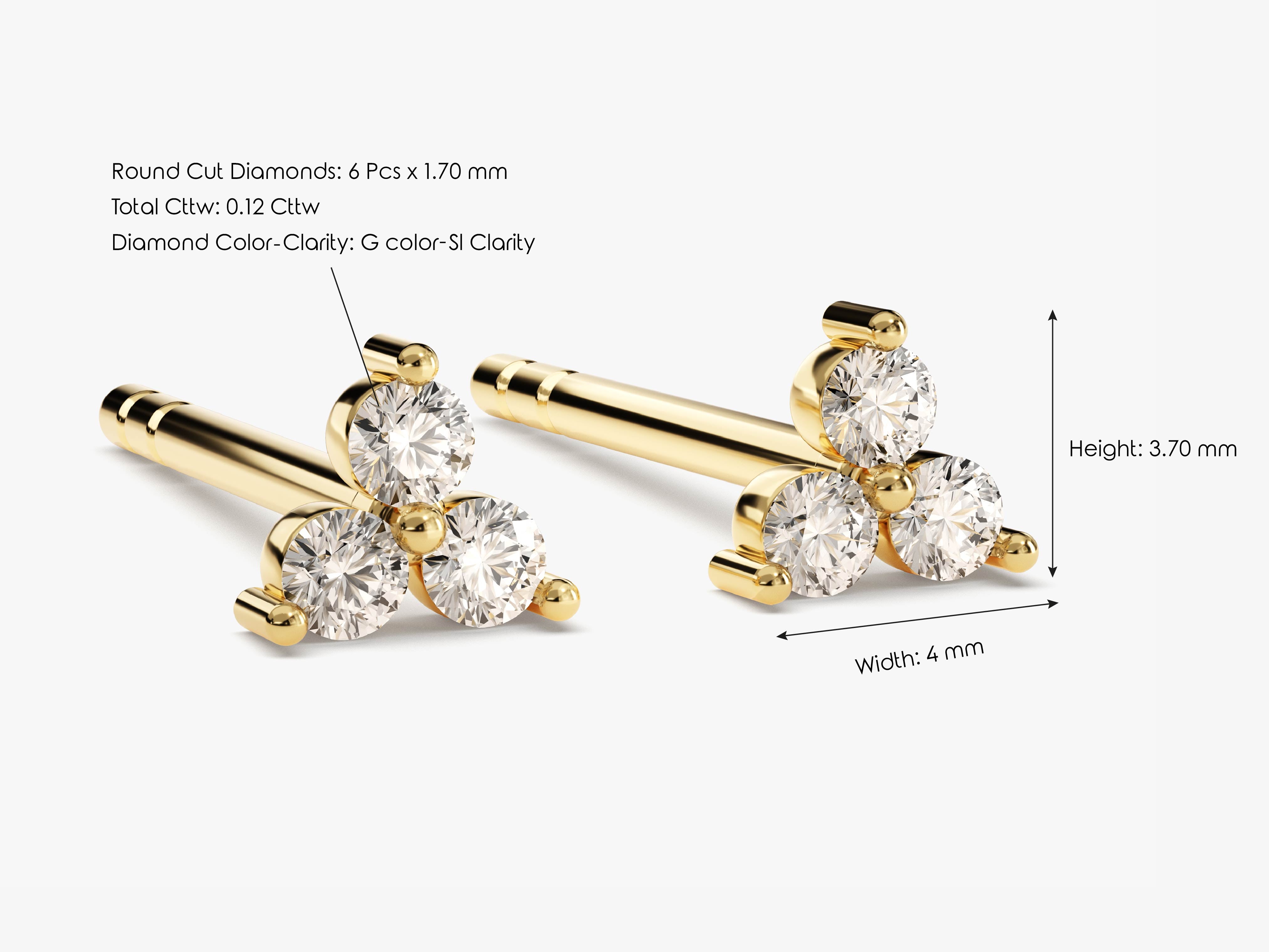 Gold stud earrings with three round cut diamonds