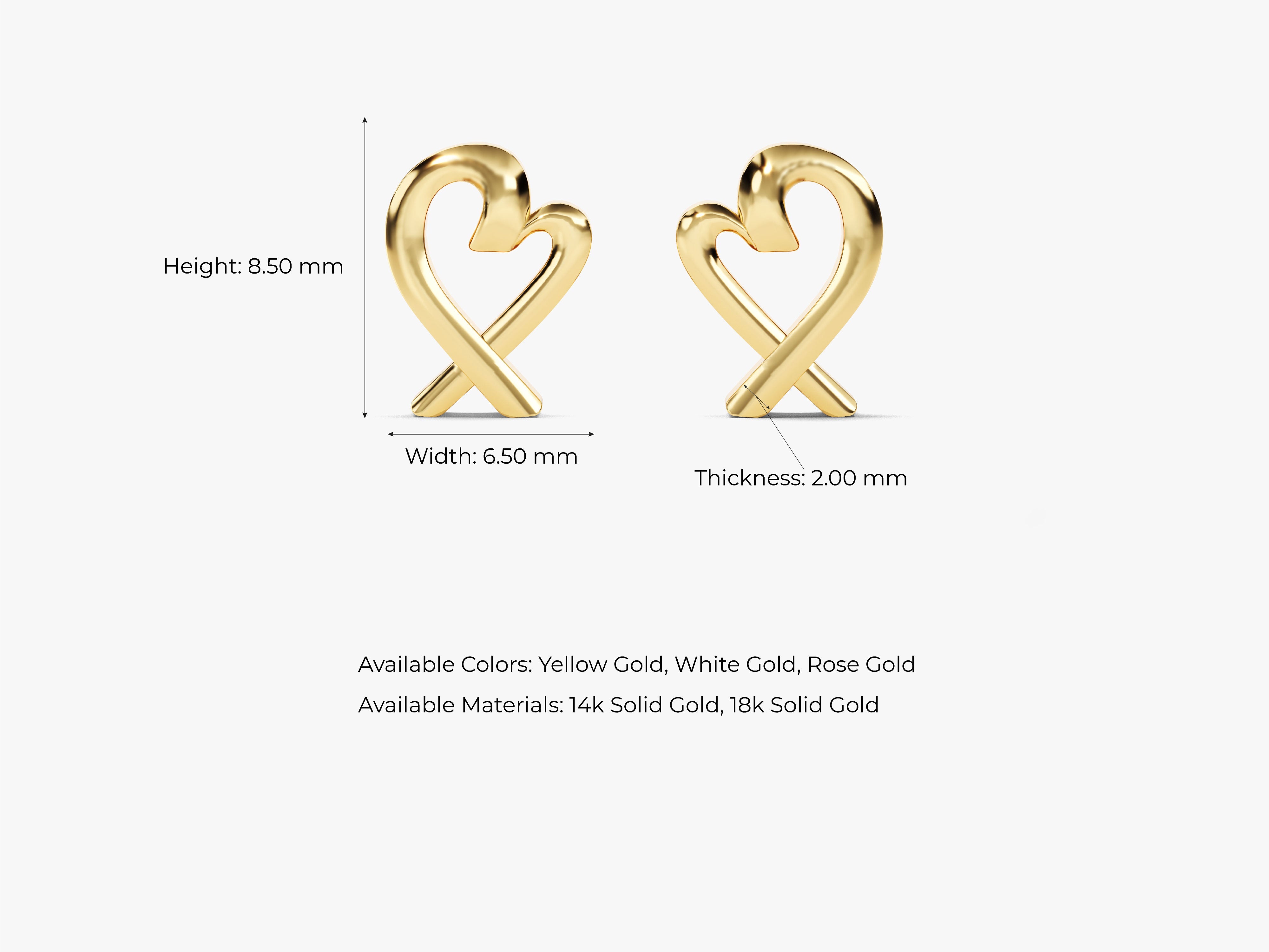 Gold heart earrings, available in yellow, white, and rose gold