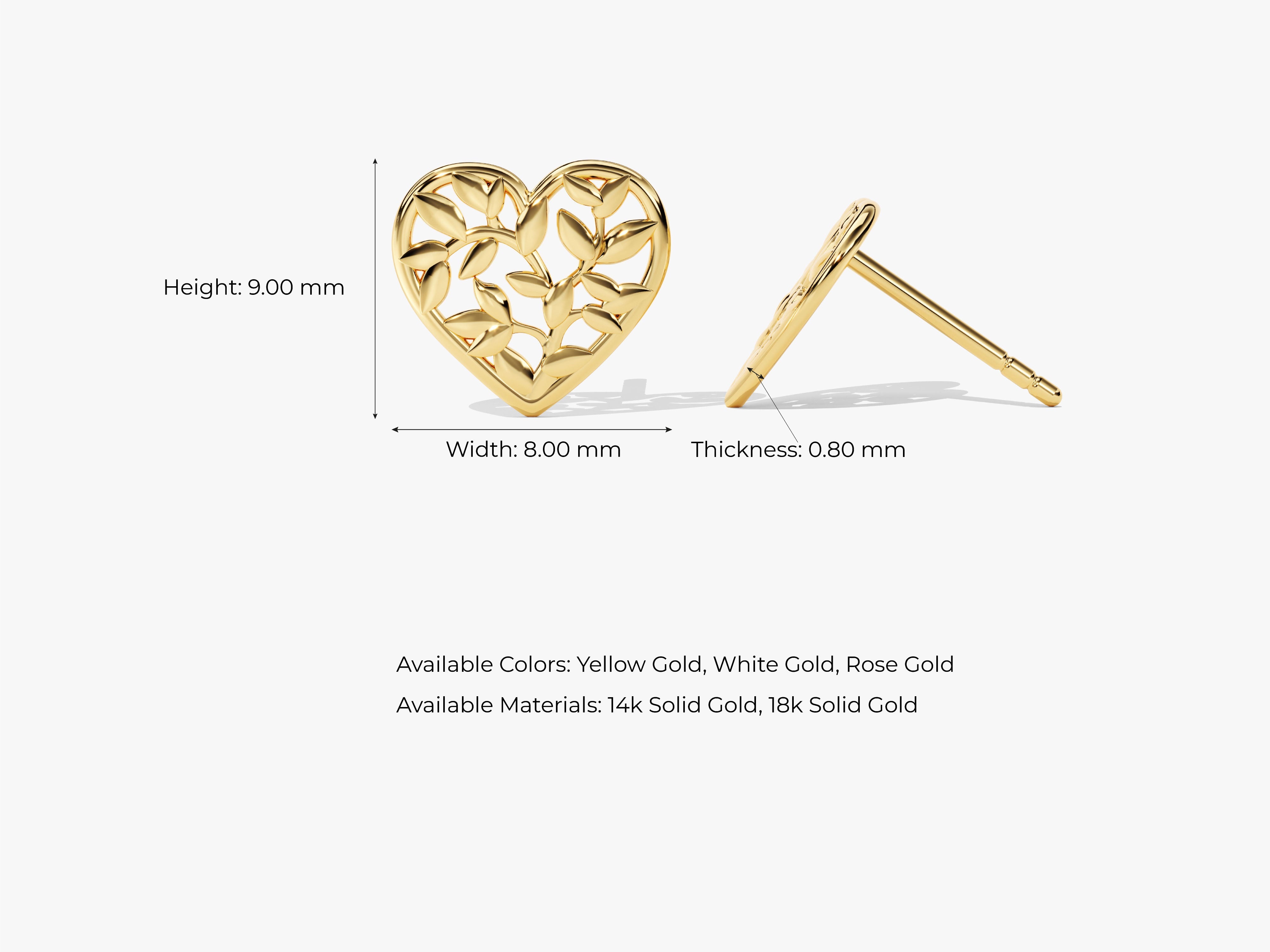 Gold heart earrings with leaf design, available in multiple colors and karats