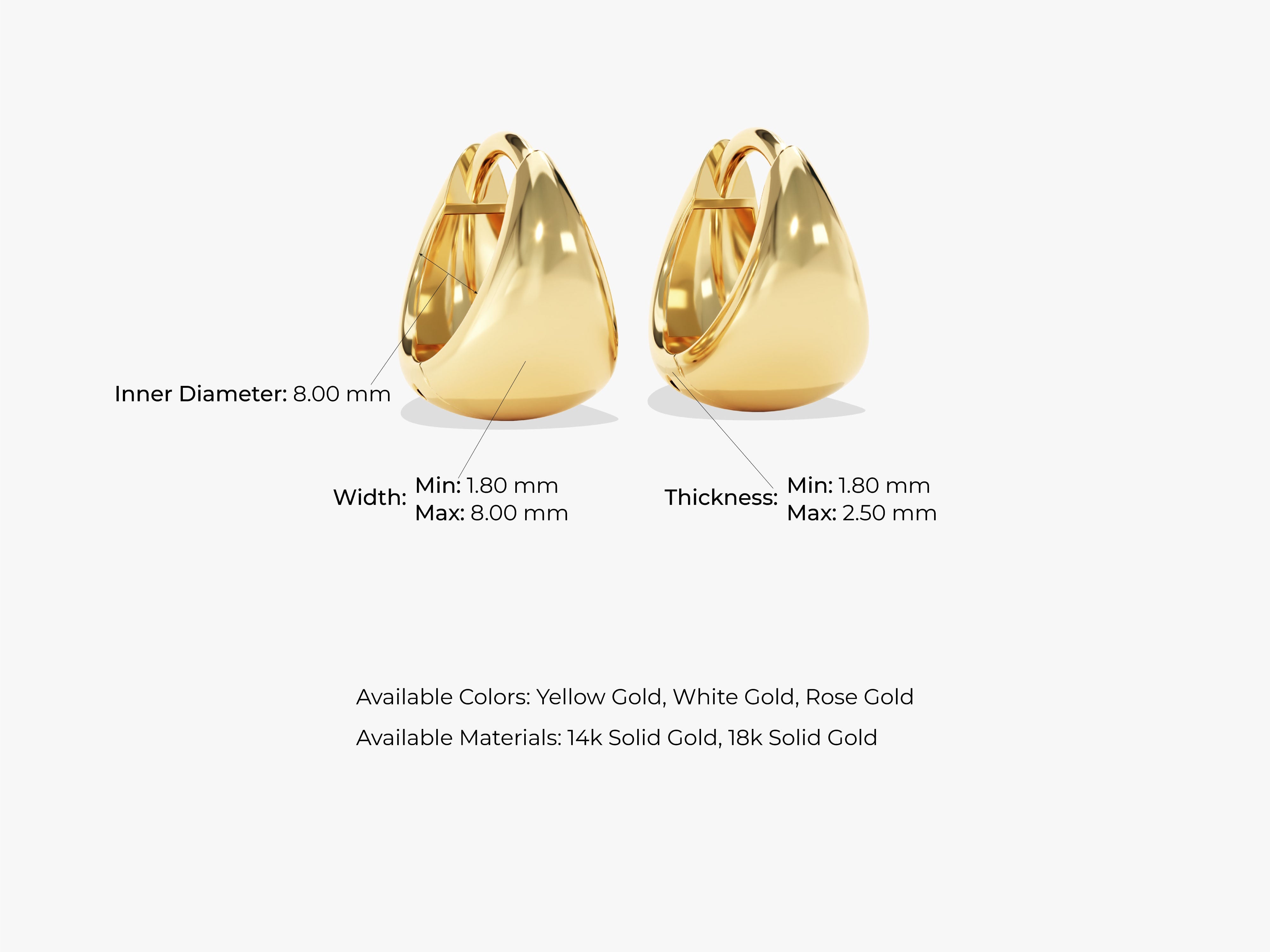 Gold teardrop earrings, available in yellow, white, and rose gold