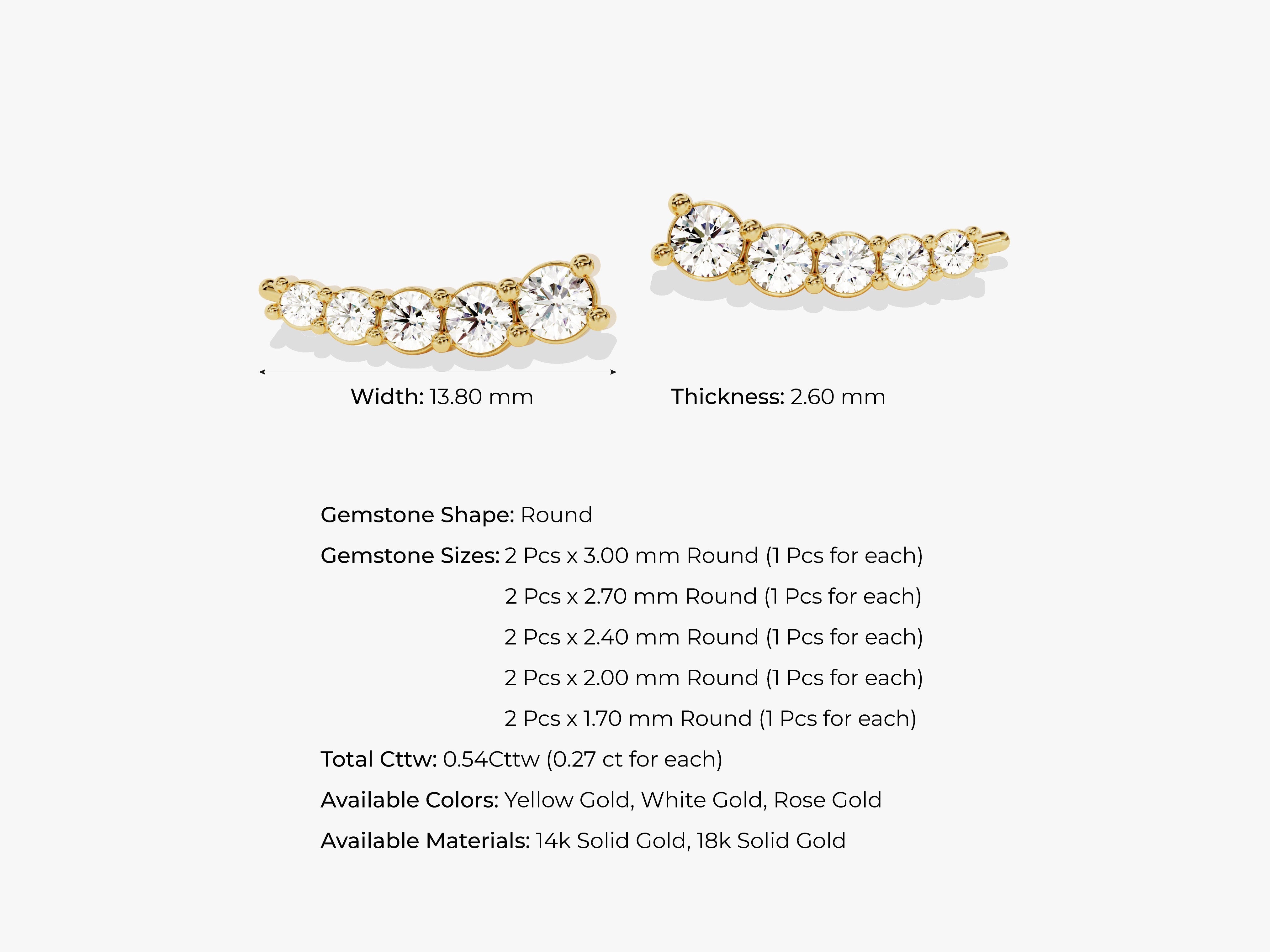 Gold diamond crawler earrings, round gemstones, jewelry design