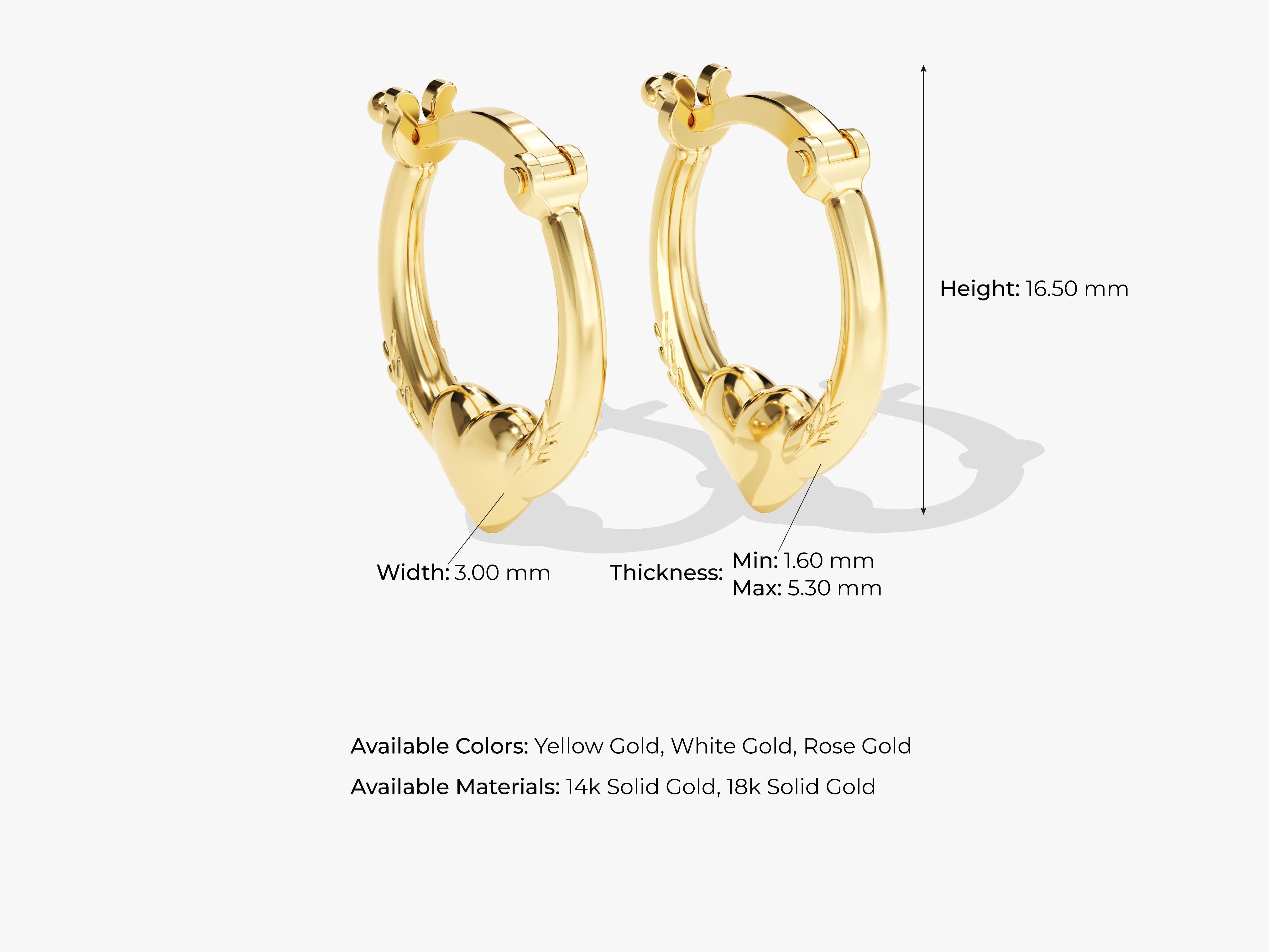 Gold heart hoop earrings, jewelry, available in yellow, white, rose gold