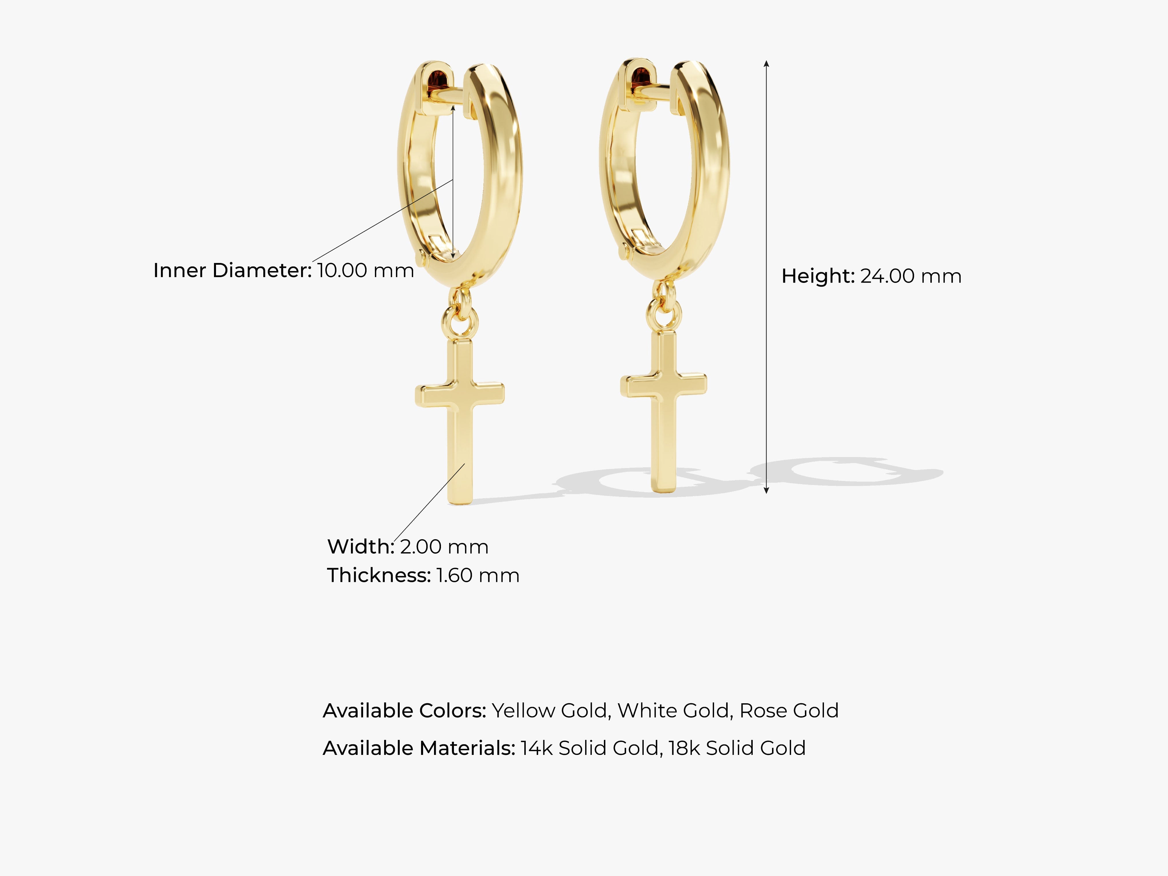 Gold cross hoop earrings, available in multiple colors and materials
