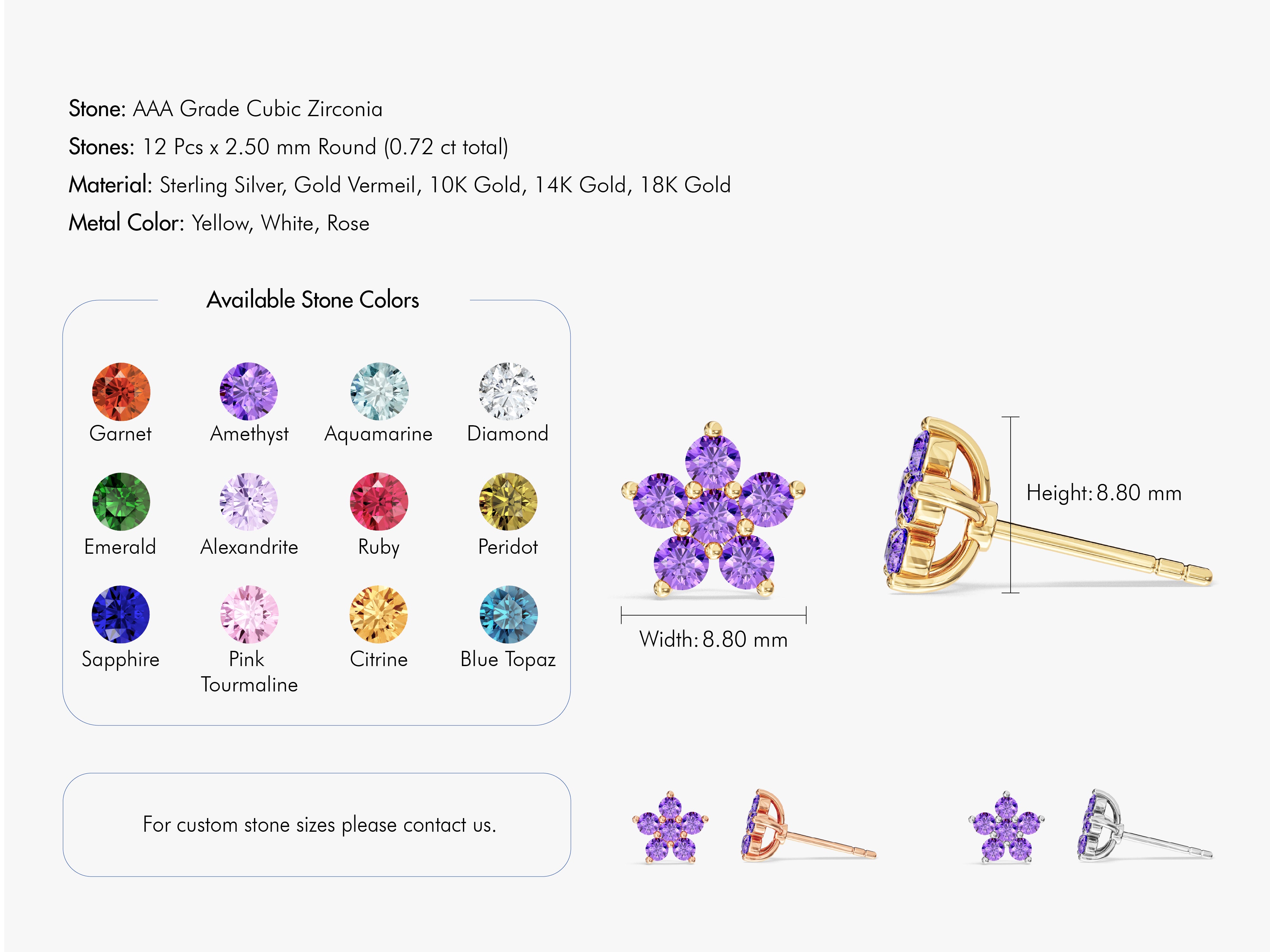 Flower stud earrings with cubic zirconia in gold or silver