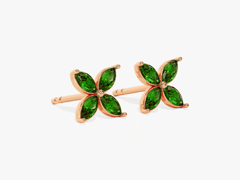 Marquise Clover Emerald Stud Earrings in 14k Solid Gold