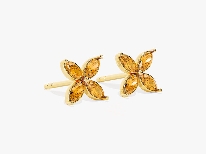 Marquise Clover Citrine Stud Earrings in 14k Solid Gold