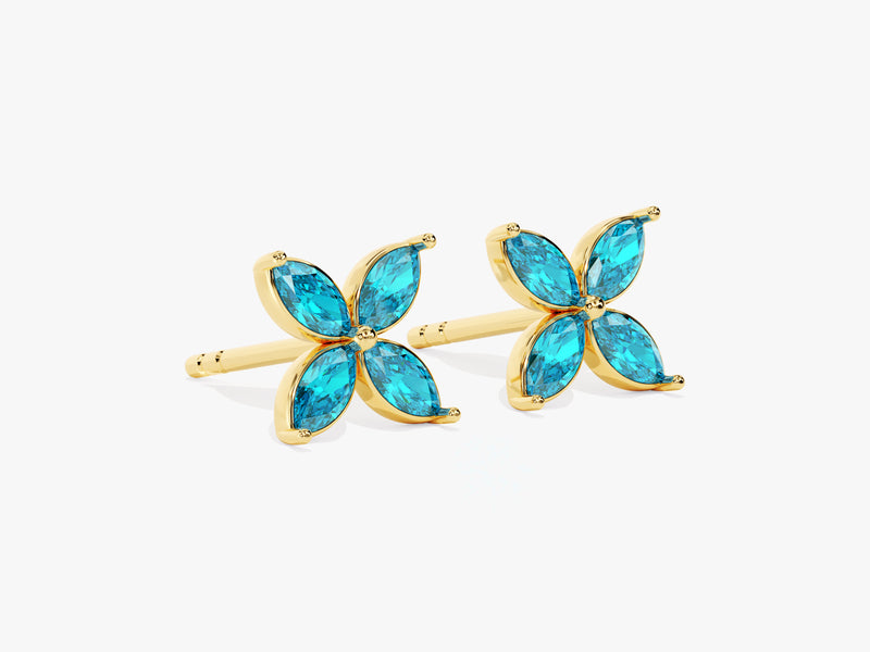 Marquise Clover Blue Topaz Stud Earrings in 14k Solid Gold