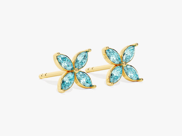 Marquise Clover Aquamarine Stud Earrings in 14k Solid Gold