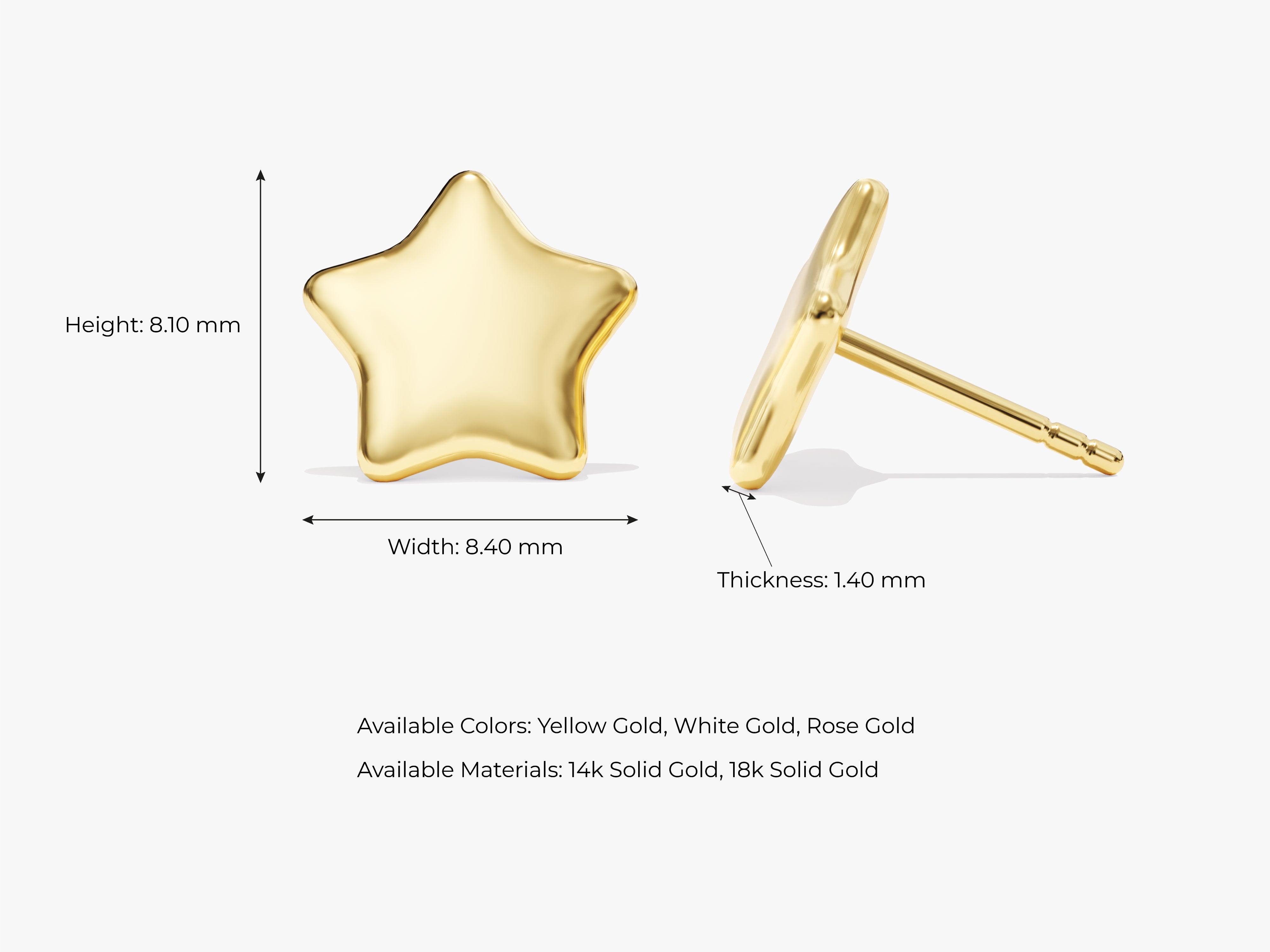 Gold star stud earrings, available in yellow, white, and rose gold