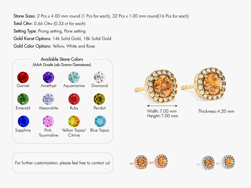 Round Halo Citrine Stud Earrings in 14k Solid Gold