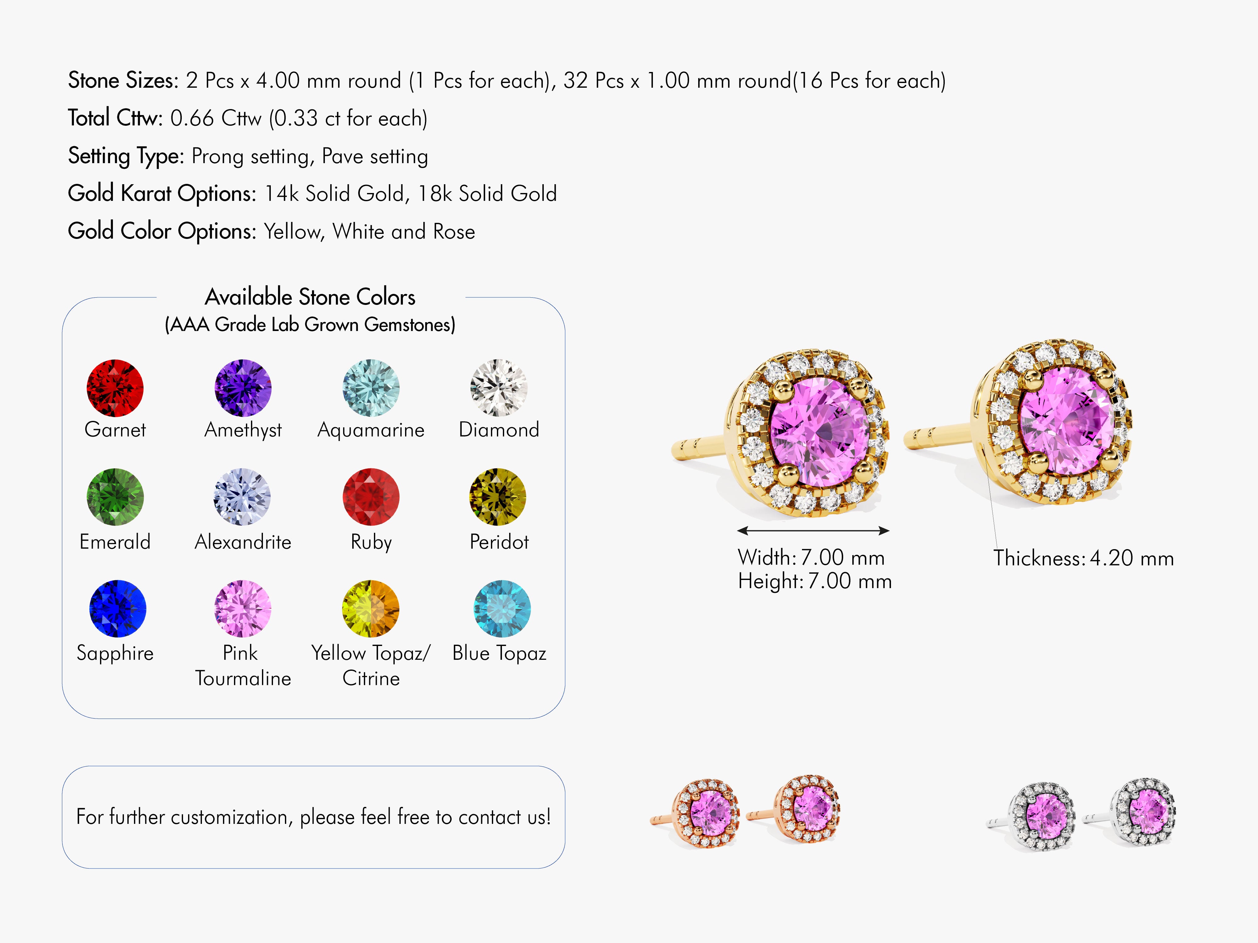 Round Halo Pink Tourmaline Stud Earrings in 14k Solid Gold
