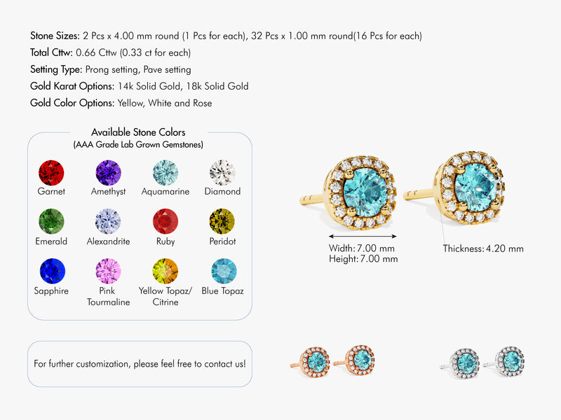 Round Halo Birthstone Stud Earrings