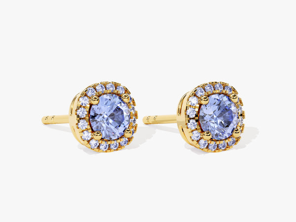 Round Halo Alexandrite Stud Earrings in 14k Solid Gold