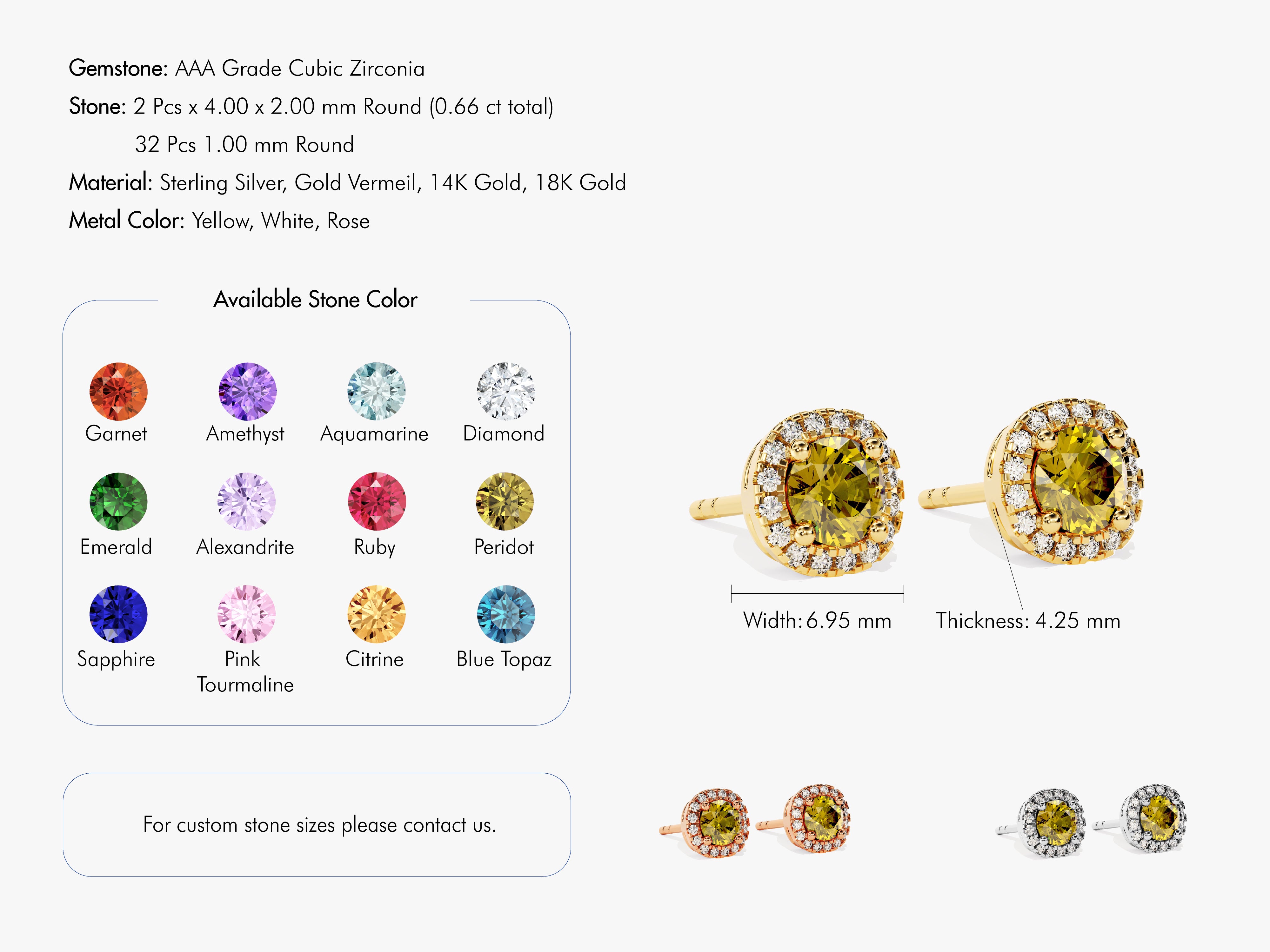 Gold halo stud earrings with AAA grade cubic zirconia gemstones