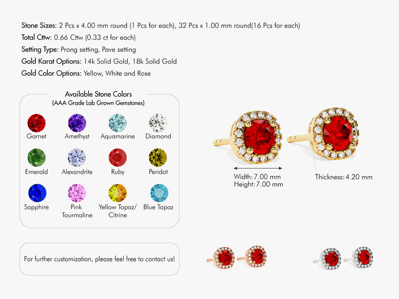 Round Halo Ruby Stud Earrings in 14k Solid Gold